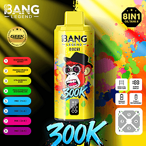 Bright yellow Bang Legend 8IN1 vape juice bottle with a cartoon monkey in a hat, and a left flavor list.