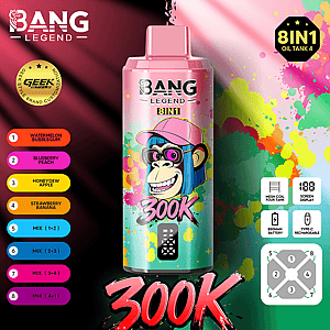 Bright Bang Legend 8IN1 vape bottle features a pink-cap cartoon monkey, paint splatters, and a left flavor list.