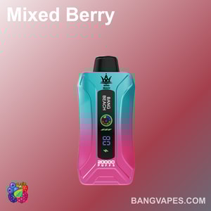 "Urządzenie do waporyzacji Bang Beach o mieszanym smaku jagodowym, wyświetlające 20 000 zaciągnięć na ekranie, z gradientową niebiesko-różową obudową"."