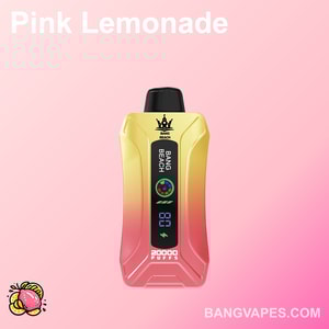 Różowy vape o smaku lemoniady, z gradientowym złotym i różowym wzorem, z napisem "Bang Beach" i "20 000 puffów" z przodu, na jasnoróżowym tle.