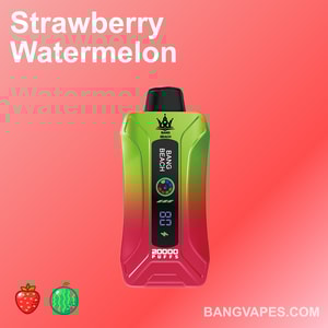 Kolorowe urządzenie do waporyzacji z etykietą o smaku "Truskawkowy Arbuz", charakteryzujące się żywym wzorem z gradientem od zielonego do czerwonego i cyfrowym wyświetlaczem pokazującym "20000 zaciągnięć". U góry wyświetlany jest tekst "BANG BEACH", a na dole znajdują się ikony truskawek i arbuza.