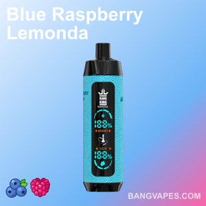 Un dispositivo di vaporizzazione blu etichettato "Bang King" con il testo "Blue Raspberry Lemonda" su uno sfondo blu-rosa sfumato con icone di mirtilli e lamponi.