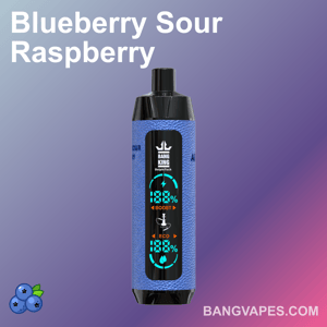 Vaporizzatore al gusto di lampone Blueberry Sour con design nero e blu, che mostra la percentuale della batteria e gli indicatori della modalità boost/eco, con il marchio "BANG KING" e "DelphiTech" sullo schermo.