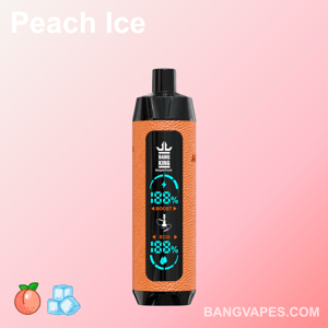 Un dispositivo di vaporizzazione Bang King arancione con il testo dal sapore "Peach Ice", circondato da icone di pesca e cubetti di ghiaccio, e il sito web "BANGVAPES.COM" in basso.