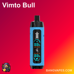 Un dispositivo di vaporizzazione "Bang King" blu con display digitale su uno sfondo rosso sfumato, con il testo "Vimto Bull" e "BANGVAPES.COM" con una piccola illustrazione del logo Vimto nell'angolo.
