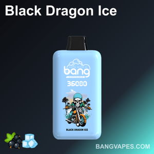 Un dispositivo di vaporizzazione usa e getta blu etichettato "Bang" con un sapore di "Black Dragon Ice", raffigurante un teschio in sella a una motocicletta e palme sullo sfondo.