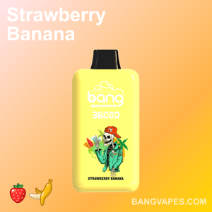 Un dispositivo di vaporizzazione usa e getta giallo con il marchio al gusto "Strawberry Banana", caratterizzato da uno scheletro con una giacca verde e un berretto arancione, che tiene un vaporizzatore.