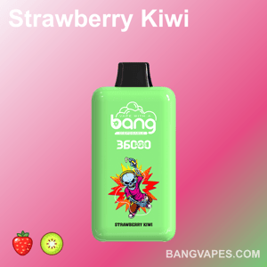 Dispositivo di vaporizzazione usa e getta verde con marchio "Bang", etichettato "Strawberry Kiwi" e "360 puffs", caratterizzato da una grafica colorata di uno scheletro danzante su uno sfondo rosa sfumato.