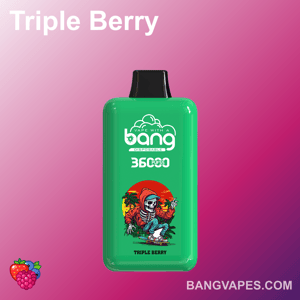 Dispositivo di vaporizzazione usa e getta verde etichettato "Bang Disposable" con sapore "Triple Berry", caratterizzato da un design colorato di uno scheletro di skateboard con una felpa con cappuccio.
