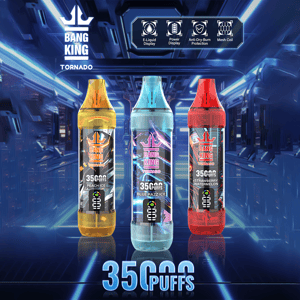 Three colorful vape devices labeled "Bang King Tornado" with 35000 puffs, featuring Peach Ice, Blue Razz Ice, and Strawberry Watermelon flavors, set against a futuristic background with icons highlighting features like E-Liquid Display, Power Display, Anti-Dry-Burn Protection, and Mesh Coil.