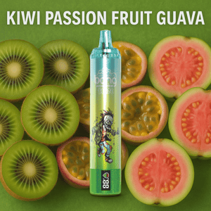 Un stylo vape étiqueté ' Bang Blaze ' avec un personnage de zombie de dessin animé, entouré de tranches de kiwi, de fruit de la passion et de goyave, avec un texte en gras indiquant ' Kiwi Passion Fruit Goyave ' ci-dessus.