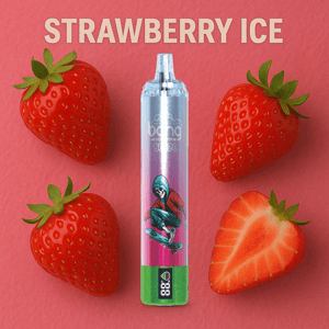 Appareil de vape coloré avec une figure de skateboard sur l'étiquette entourée de fraises fraîches et un texte à saveur de glace à la fraise sur fond rose.
