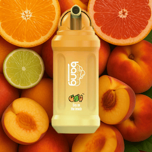 Żółte urządzenie do waporyzacji z napisem 'Bang Sex on the Beach' otoczone pokrojonymi w plasterki pomarańczami, grejpfrutami, limonką i świeżymi brzoskwiniami.