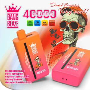 Promotional image for Bang Blaze disposable vape device featuring two colorful devices and a cartoon skeleton with sunglasses smoking, with text highlighting specifications such as 40,000 puffs, 40 ml e-liquid capacity, 650mAh battery, Type-C charging, and dual flavors.