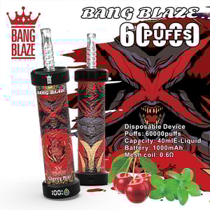 Bang Blaze Cherry Mint Einweg-Vape-Gerät mit Teufelsdesign, dargestellt mit Kirschen und Minzblättern, Produktspezifikationen und Markendetails.