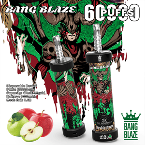 Bang Blaze Double Apple Einweg-Vape-Gerät mit fantasievollem, dämoneninspiriertem Design, grünem und rotem Farbschema und Bildern von ganzen und geschnittenen Äpfeln, das Produktmerkmale wie 60.000 Züge, 40 ml E-Liquid-Kapazität, 1000-mAh-Akku und 0.6Ω-Mesh-Spule hervorhebt.