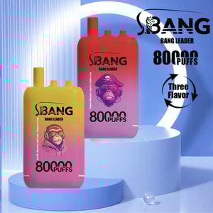 Two colorful disposable vape devices labeled 'BANG Leader' with illustrated monkey faces, one yellow and pink and the other red and pink, both advertising 80,000 puffs and three flavors, with bold branding and modern design elements in the background.