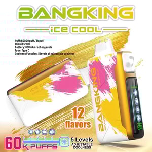 Advertisement for BangKing Ice Cool vape showing a white and gold pod device with pink and orange paint splashes, a matching pod, and bold text highlighting 12 flavors, 60,000 puffs, and five levels of adjustable coolness.