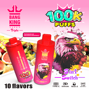 Bright Bang King Vape advertisement with two red vape devices, a bold 100k Puffs graphic, a fierce eagle illustration, fruity background, and '3 in 1 Switch' and '10 flavors' text.