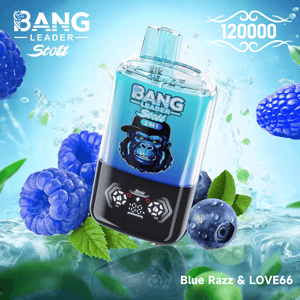 Werbebild eines blauen Bang Leader Stoll 2-in-1-Geräts mit Gorilla-Logo vor einem kühlen blauen Hintergrund mit blauen Himbeeren und Blaubeeren und dem Geschmacksnamen 'Blue Razz & LOVE66' in der unteren Ecke.