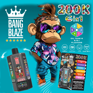 Cartoon monkey in sunglasses and a tropical shirt stands beside Bang Blaze branding and the colorful 200K Sin1 graphic.