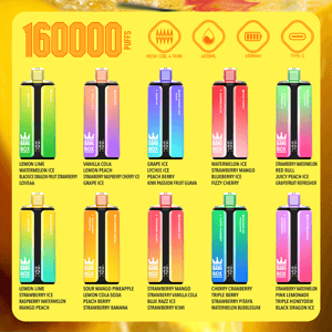 assorted colorful vape devices on a yellow background with pricing icons on top; numerous flavor labels below each device.
