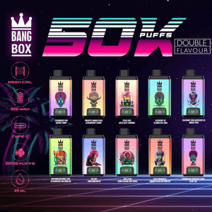 Bright neon Bang Box advertisement showing ten gradient disposable vape pods with a Double Flavour label on a starry background.