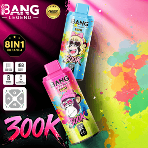 Bright colorful advertisement for Bang Legend 8IN1 oil tanks, featuring two vibrant bottles with monkey graphics, splashy paint background, "300K" text, and icons indicating features.