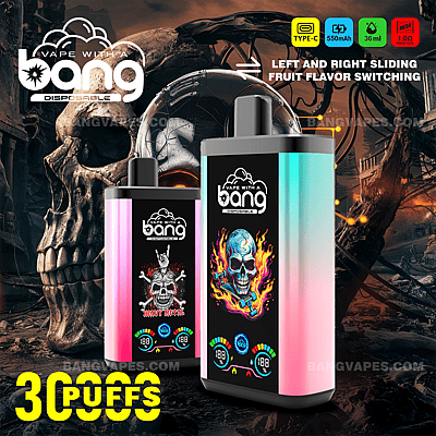 Ein "Vape with a Bang"-Einweg-Vape-Gerät mit farbenfroher Verpackung mit Totenkopf-Motiv, 30.000 Zügen, 550-mAh-Akku, 36 ml Flüssigkeitskapazität, Typ-C-Aufladung und Fruchtgeschmacksumschaltung.