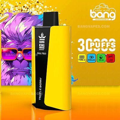 Gelbes Einweg-Vape-Gerät mit der Aufschrift "Bang King 30K Pro" für 30.000 Züge. Zu den Funktionen gehören Typ-C-Aufladung, 850-mAh-Akku, 36-ml-Kapazität, Mesh-Spule und 1.0Ω-Widerstand.