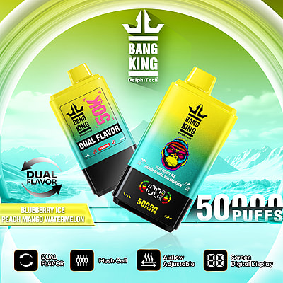 Werbung zeigt Bang King Dual Flavor Einweg-Vaporizer mit Funktionen wie Blaubeereis und Pfirsich-Mango-Wassermelonen-Geschmack, 50.000 Zügen Kapazität, Digitalanzeige, Mesh-Spule und einstellbarem Luftstrom vor einem lebendigen eisigen Berghintergrund.