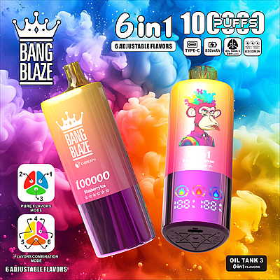 Imagen promocional que muestra el dispositivo de vapeo Bang Blaze con un diseño vibrante, opciones de seis sabores ajustables, capacidad de 850 mAh y un fondo artístico colorido, que enfatiza las características y el atractivo estético del producto.