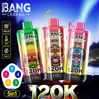 Three colorful Bang Legend 5-in-1 vaping devices with distinct illustrated designs of gorillas on the exterior, standing upright under a vibrant, aurora-lit background.