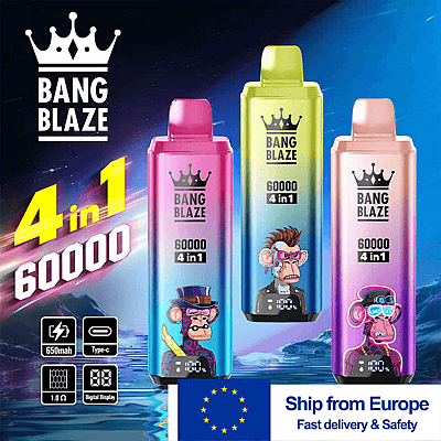 Bang Blaze 60000 Annuncio di vaporizzatore usa e getta 4 in 1 che mostra tre capsule colorate (rosa, verde e viola) con personaggi di scimmie dei cartoni animati su ciascuna, su uno sfondo blu sfumato con una bandiera dell'Europa e il banner 'Spedisci dall'Europa'.