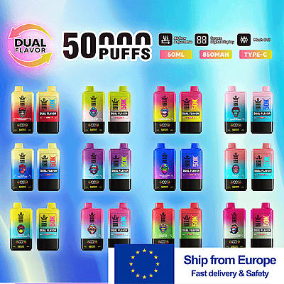 鮮やかなデュアル フレーバーの広告。明るい色のグリッドで 50,000 パフの使い捨て電子タバコ ボトルを特集し、上部にはエアフロー調整可能、デジタル ディスプレイ、メッシュ コイルを示すアイコン、50 mL、850 mAh、Type-C のラベル、さらに EU 旗の付いた Ship from Europe のバナーが付いています。.