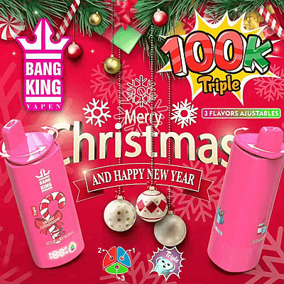 Anuncio luminoso con temática navideña de Bang King Vape que muestra dos botellas de vaporizador rosa sobre un fondo rojo con adornos colgantes, un gráfico '100K Triple', una insignia '3 sabores ajustables' y el mensaje 'Feliz Navidad y próspero año nuevo'.