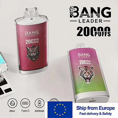 Werbebild der Einweg-Vape-Geräte von Bang Leader mit 20.000 Zügen – eine rosa Einheit und eine Einheit mit Farbverlauf von rosa nach grün mit einem Tigerlogo sowie einem 'Schiff aus Europa'-Banner.