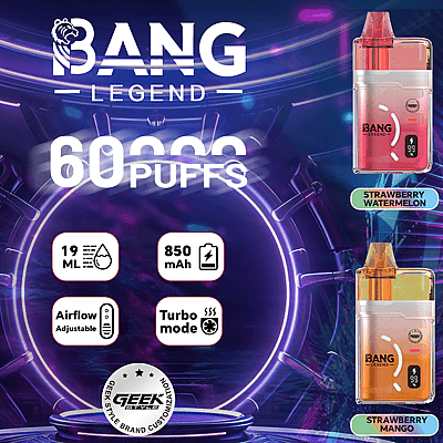 Promotionele Bang Legend wegwerpvape-advertentie met vetgedrukte '60 PUFFS'-tekst, pictogrammen voor 19 ml sap, 850 mAh-batterij, instelbare luchtstroom en turbomodus, en smaaklabels Strawberry Watermelon en Strawberry Mango naast roze en oranje apparaten tegen een neonpaarse achtergrond.