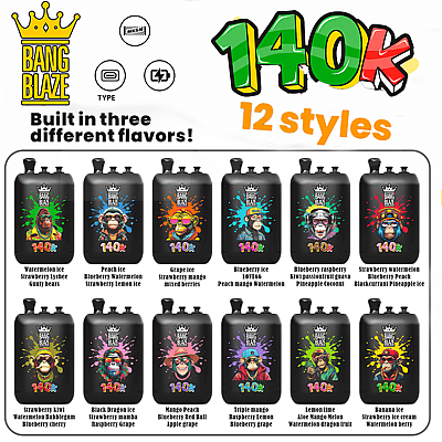 Bang Blaze energy drink bottles in two rows, 12 styles with colorful labels and fruit flavors.