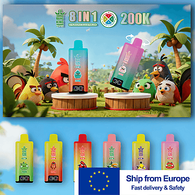 Anuncio de dibujos animados vívidos que muestra dos dispositivos de vapeo degradados sobre pedestales entre aves tropicales, con filas de coloridas botellas de vapeo debajo y una pancarta con la bandera de la UE.