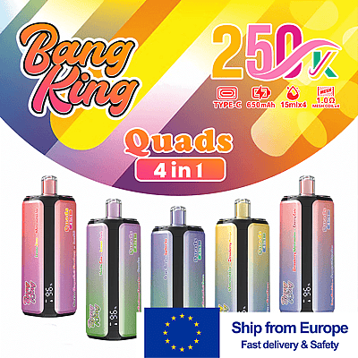 Vivace kit di vaporizzazione 4 in 1 Bang King Quads con sei pod colorati e una grande grafica 250X, oltre a un badge Ship from Europe.