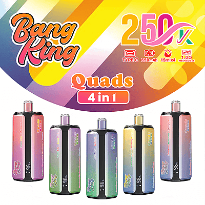 Vibrant Bang King banner advertising Quads 4in1, showing five rainbow-gradient vape devices arranged in a row.