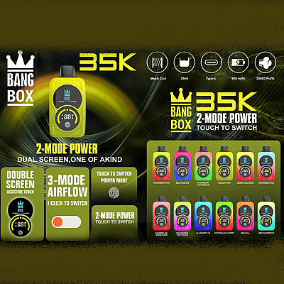 Promo di vaporizzazione Bang Box 3.5K con un dispositivo portatile giallo, alimentazione a due modalità, icone di funzionalità e una griglia di capsule aromatiche.
