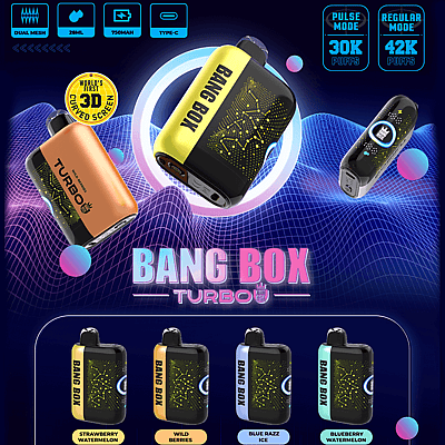 Neon Bang Box Turbo の湾曲した 3D スクリーンを備えた使い捨て電子タバコの広告。カラフルなデバイスやストロベリー スイカなどのフレーバーが表示されます。.