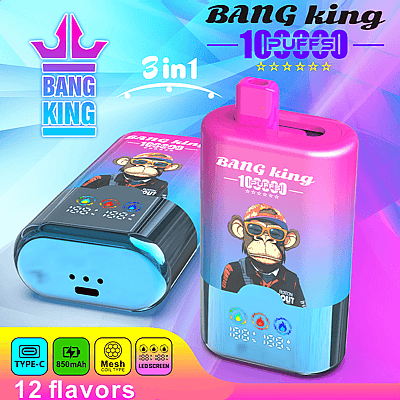 Bright gradient packaging shows a pink and blue electronic device with a monkey illustration, branding Bang King 1000 Puff, 3in1, and 12 flavors; includes a small blue pod and a black/blue device with a cartoon monkey.