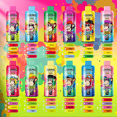 Colorful collage of Bang Legend 8in1 energy drink cans with cartoon monkey mascots, each can a different color and flavor.