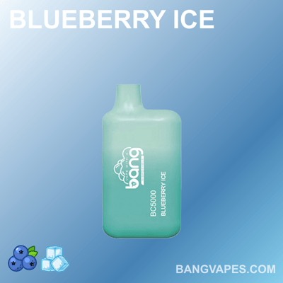 Vape Bang BC5000 o smaku Blueberry Ice z jasnozielonym urządzeniem na niebieskim gradientowym tle, na którym widnieje logo marki i nazwa smaku.
