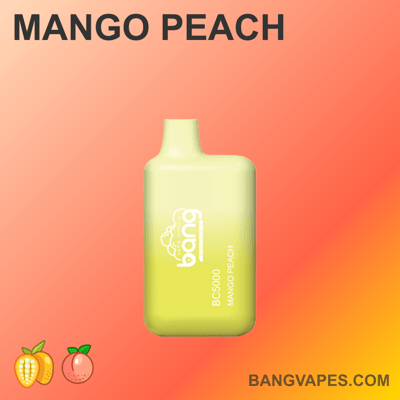 Żółte urządzenie do waporyzacji oznaczone "bang BC5000 MANGO PEACH" na gradientowym tle z ikonami mango i brzoskwini oraz stroną internetową "BANGVAPES.COM" na dole.
