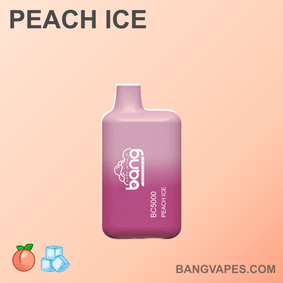 Różowo-fioletowe urządzenie do waporyzacji z gradientem, oznaczone "Bang BC5000 Peach Ice" z ikonami brzoskwiń i kostek lodu w lewym dolnym rogu.