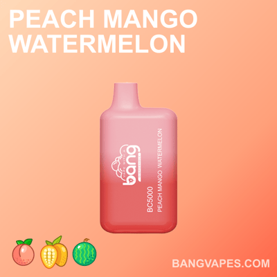 Jednorazowy waporyzator o smaku brzoskwiniowo-mango-arbuzowym z etykietą "Bang BC5000" na gradientowym brzoskwiniowym tle z ikonami brzoskwini, mango i arbuza.